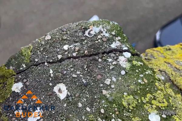 Beschadigde en verweerde nokvorst met scheuren en mos in Budel