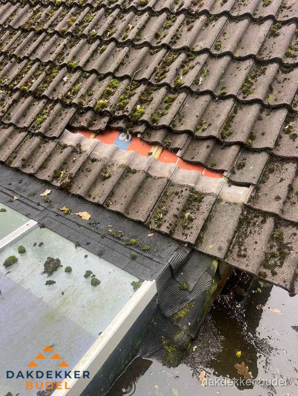 Beschadigd pannendak met ontbrekende dakpannen voor reparatie in Budel