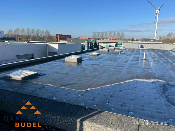 Plat dak bedrijfspand met bitumen dakbedekking en lichtkoepels in Budel